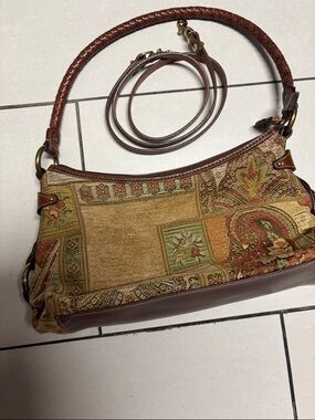 Fossil Brown Tan Green Woven Tapestry Shoulder Bag